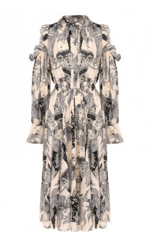 Шелковое платье-миди с оборками и принтом Alexander McQueen. Цвет: черный