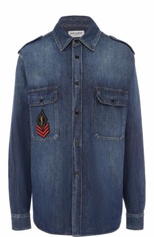 Джинсовая блуза прямого кроя с потертостями Saint Laurent. Цвет: синий