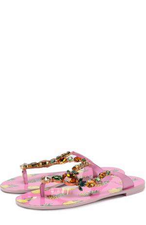 Кожаные шлепанцы с кристаллами Dolce & Gabbana. Цвет: розовый