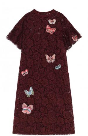 Кружевное платье-миди с отделкой в виде бабочек Valentino. Цвет: бордовый
