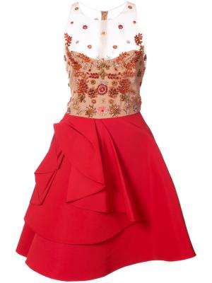 Прозрачное декорированное платье с оборками Marchesa Notte. Цвет: красный