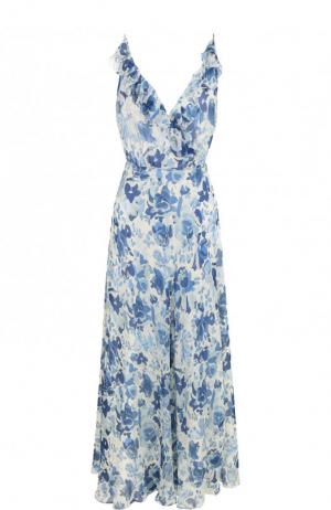 Шелковое платье-миди с оборками и принтом Polo Ralph Lauren. Цвет: синий