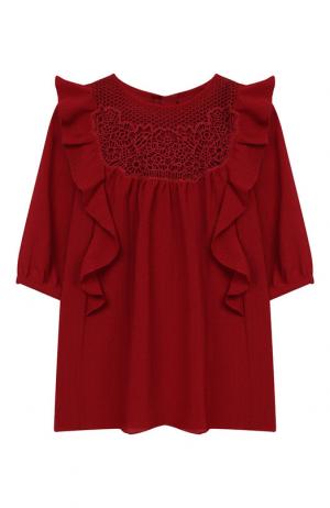 Платье свободного кроя с оборками и кружевной отделкой Chloé. Цвет: бордовый