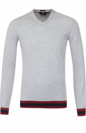 Шерстяной пуловер с контрастной отделкой BOSS. Цвет: светло-серый
