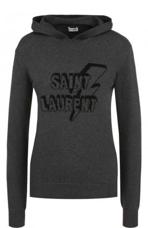 Хлопковый вязаный пуловер с капюшоном и логотипом бренда Saint Laurent. Цвет: серый