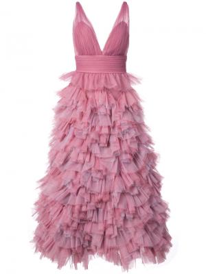 Вечернее платье с оборчатой А-образной юбкой Marchesa Notte. Цвет: розовый и фиолетовый