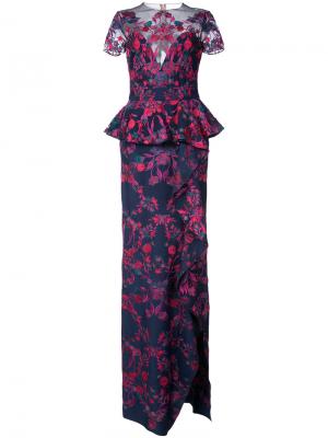 Платье макси с цветочной вышивкой Marchesa Notte. Цвет: синий