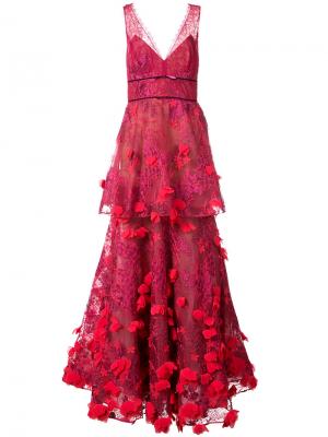 Платье с 3D вышивкой Marchesa Notte. Цвет: красный
