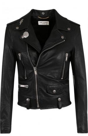 Укороченная кожаная куртка с косой молнией Saint Laurent. Цвет: черный