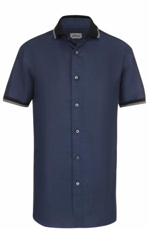 Рубашка из смеси льна и хлопка с короткими рукавами Brioni. Цвет: темно-синий