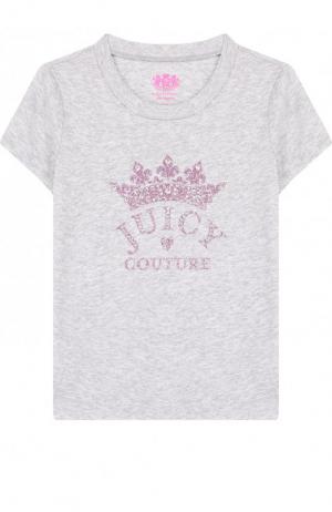 Хлопковая футболка с глиттером и стразами Juicy Couture. Цвет: серый
