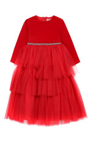 Хлопковое платье с многослойной отделкой Il Gufo. Цвет: красный