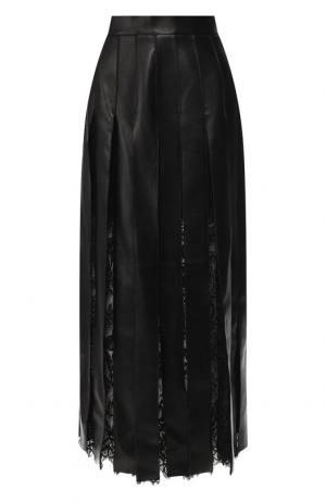 Кожаная юбка-миди с кружевными вставками Elie Saab. Цвет: черный