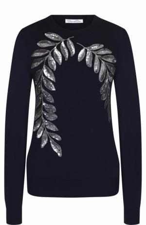 Однотонный шерстяной пуловер с контрастной вышивкой пайетками Oscar de la Renta. Цвет: темно-синий
