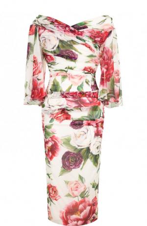 Шелковое платье-миди с драпировкой и принтом Dolce & Gabbana. Цвет: разноцветный