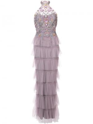 Декорированное вечернее платье с вырезом-петлей халтер Marchesa Notte. Цвет: розовый и фиолетовый