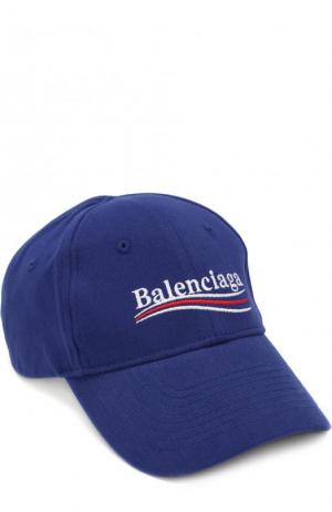 Хлопковая бейсболка с логотипом бренда Balenciaga. Цвет: темно-синий