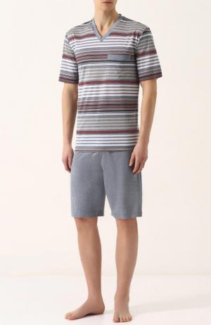 Хлопковая пижама с шортами и футболкой в полоску Zimmerli. Цвет: серый