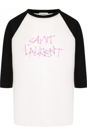 Хлопковая футболка с круглым вырезом и логотипом бренда Saint Laurent. Цвет: белый