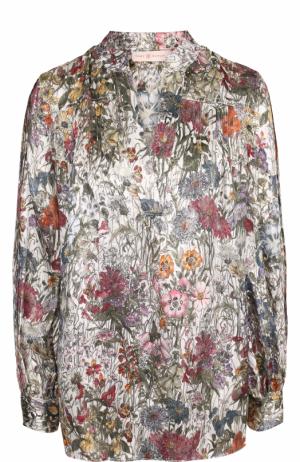 Шелковая блуза свободного кроя с принтом Tory Burch. Цвет: разноцветный