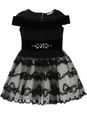 Мини-платье с многослойной юбкой и вышивкой кристаллами Monnalisa. Цвет: черный