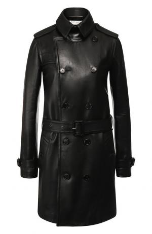 Двубортное кожаное пальто с поясом Saint Laurent. Цвет: черный