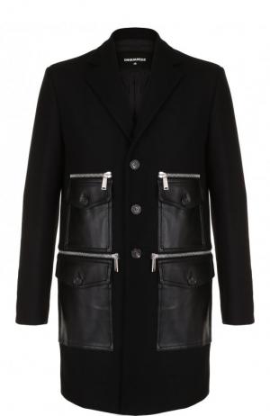 Шерстяное пальто с накладными кожаными карманами Dsquared2. Цвет: черный