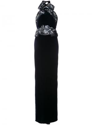 Бархатное длинное платье с вырезом-халтер Marchesa. Цвет: синий