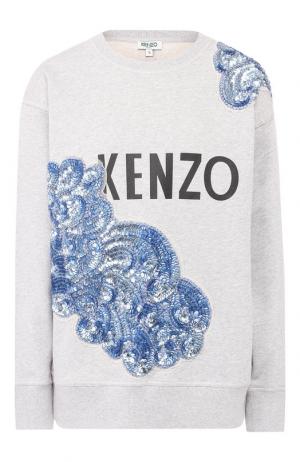 Хлопковый пуловер с декоративной отделкой Kenzo. Цвет: серый