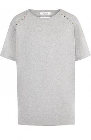 Хлопковая футболка с круглым вырезом и декоративной отделкой Valentino. Цвет: серый