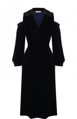 Бархатное платье-миди с V-образным вырезом и контрастными манжетами Fendi. Цвет: синий
