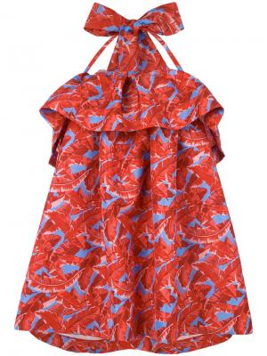 Платье свободного кроя с пальмами и оборками MSGM. Цвет: красный