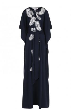 Шелковое платье-макси с контрастной вышивкой и поясом Oscar de la Renta. Цвет: темно-синий