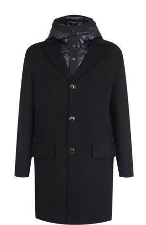 Шерстяное однобортное пальто с пуховой подстежкой Moncler. Цвет: темно-синий