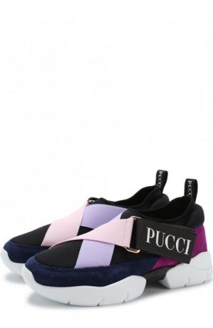 Текстильные кроссовки с замшевой отделкой и эластичными лентами Emilio Pucci. Цвет: синий