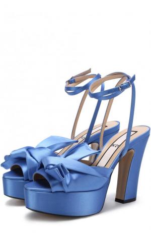 Атласные босоножки с бантом на устойчивом каблуке No. 21. Цвет: голубой