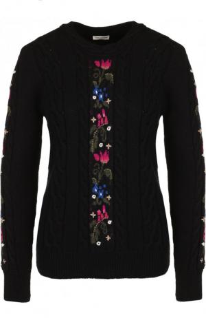 Вязаный шерстяной пуловер с декоративной вышивкой Saint Laurent. Цвет: черный
