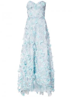 Вечернее платье с вышивкой и цветочной аппликацией Marchesa Notte. Цвет: синий