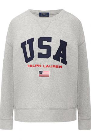 Хлопковый пуловер с декоративной нашивкой Polo Ralph Lauren. Цвет: серый