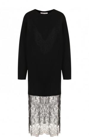 Платье-миди из смеси шерсти и кашемира с кружевной вставкой Valentino. Цвет: черный
