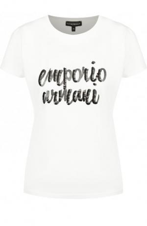 Хлопковая футболка с круглым вырезом и логотипом бренда Emporio Armani. Цвет: белый