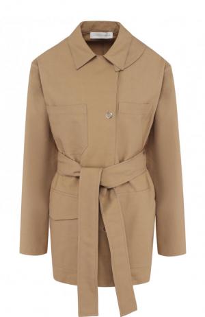 Однотонное пальто из смеси хлопка и вискозы с поясом Victoria Beckham. Цвет: бежевый