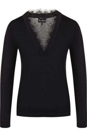 Кашемировый пуловер с V-образным вырезом и кружевной отделкой Emporio Armani. Цвет: черный