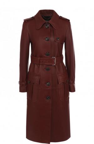 Однотонное кожаное пальто с накладными карманами и поясом Coach. Цвет: коричневый