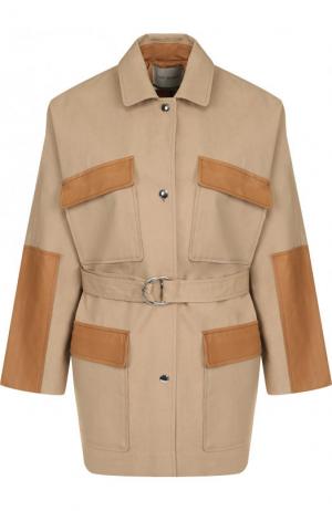 Хлопковая куртка с поясом и накладными карманами Yves Salomon. Цвет: бежевый