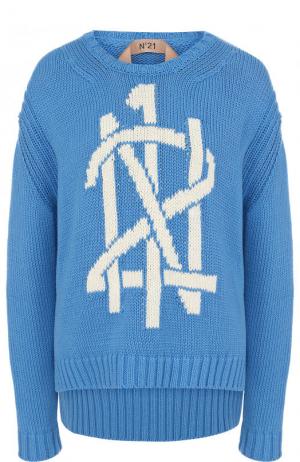 Хлопковый пуловер с удлиненной спинкой и логотипом бренда No. 21. Цвет: голубой