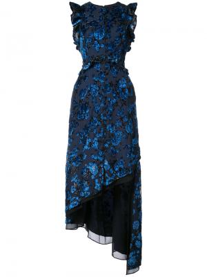 Асимметричное вечернее платье с цветочным узором Self-Portrait. Цвет: синий