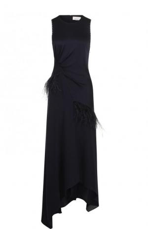 Шелковое платье-миди с драпировкой и перьевой отделкой 3.1 Phillip Lim. Цвет: темно-синий