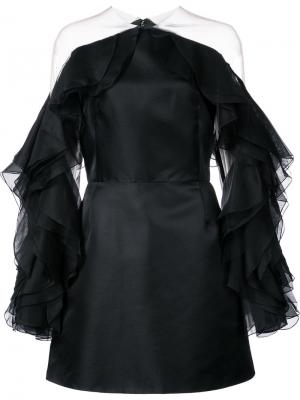Приталенное платье с оборками на рукавах Marchesa. Цвет: чёрный