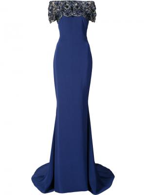 Расклешенное приталенное платье макси Marchesa. Цвет: синий